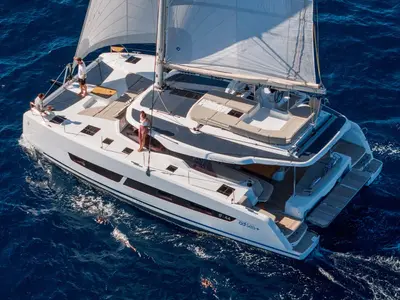 Exterior view of Serenus, a Fountaine Pajot FP 44 Maestro catamaran at Road Town, British Virgin Islands