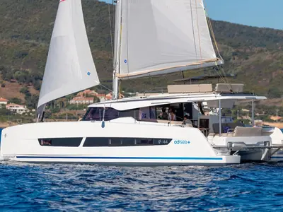 Exterior view of Serenus, a Fountaine Pajot FP 44 Maestro catamaran at Road Town, British Virgin Islands