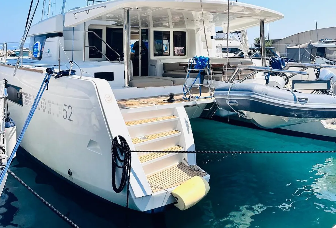 Deck of Madonna of Adriatic, a Lagoon 52 F catamaran at Split, Croatia