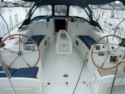 Cockpit of Azzuro, a Beneteau Cyclades 50.5 sailboat at Athens, Greece