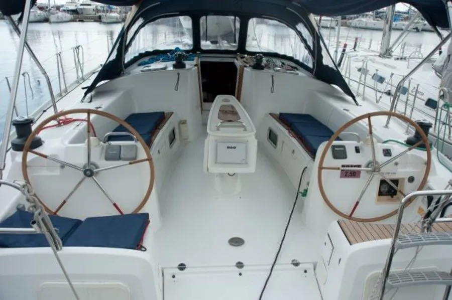 Cockpit of Azzuro, a Beneteau Cyclades 50.5 sailboat at Athens, Greece