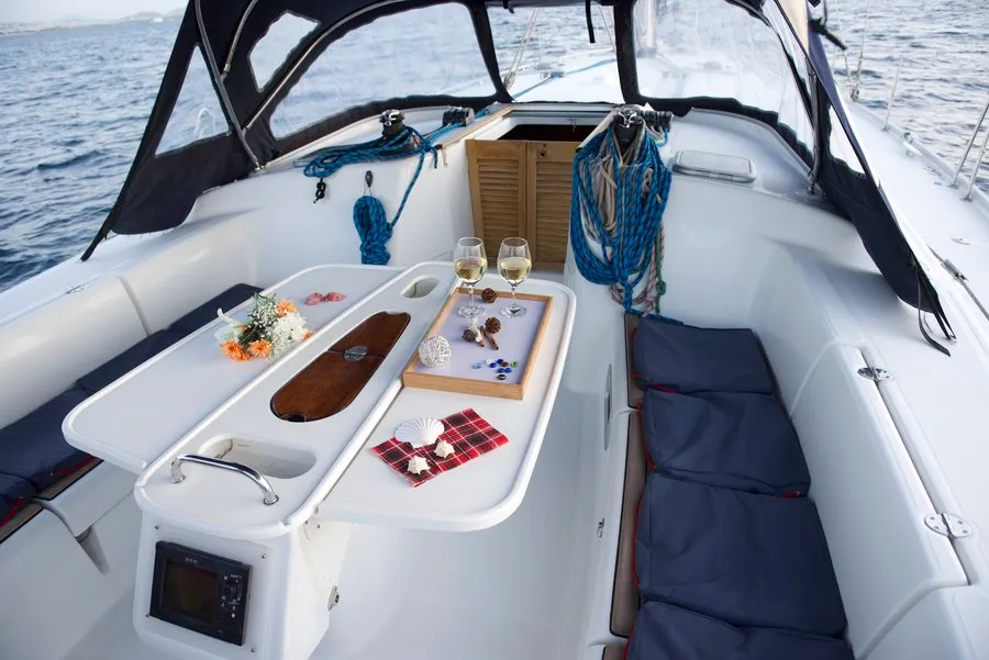 Deck of Azzuro, a Beneteau Cyclades 50.5 sailboat at Athens, Greece