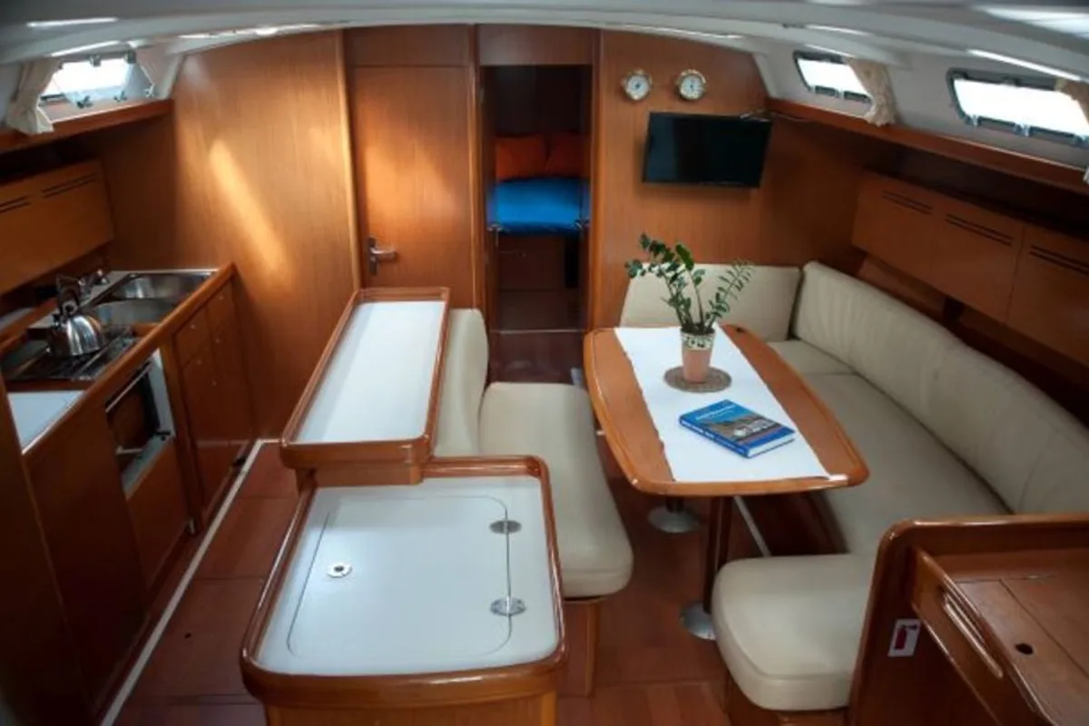 Salon of Azzuro, a Beneteau Cyclades 50.5 sailboat at Athens, Greece