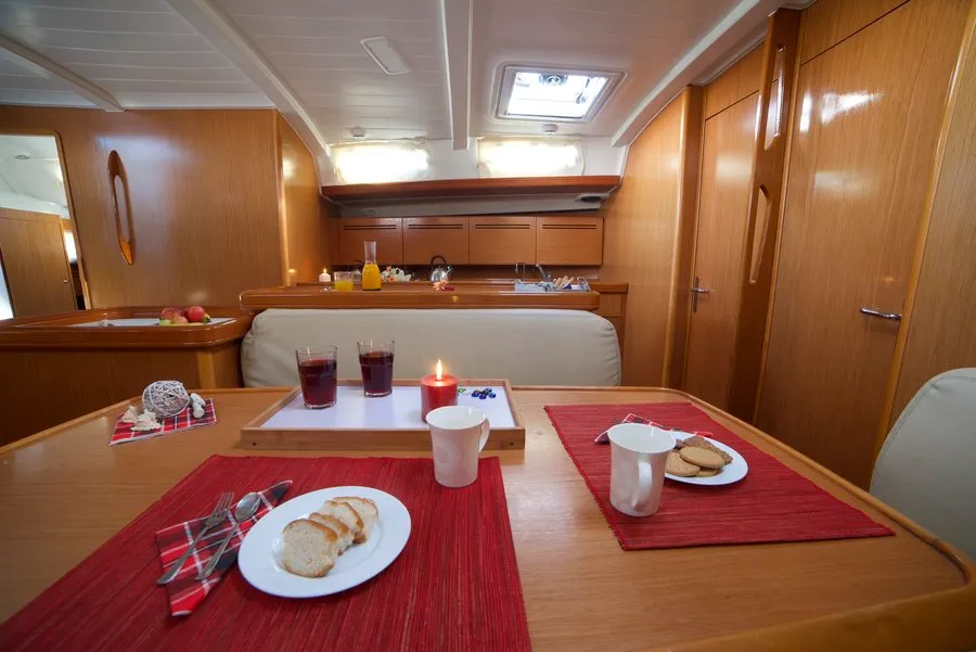 Salon of Azzuro, a Beneteau Cyclades 50.5 sailboat at Athens, Greece