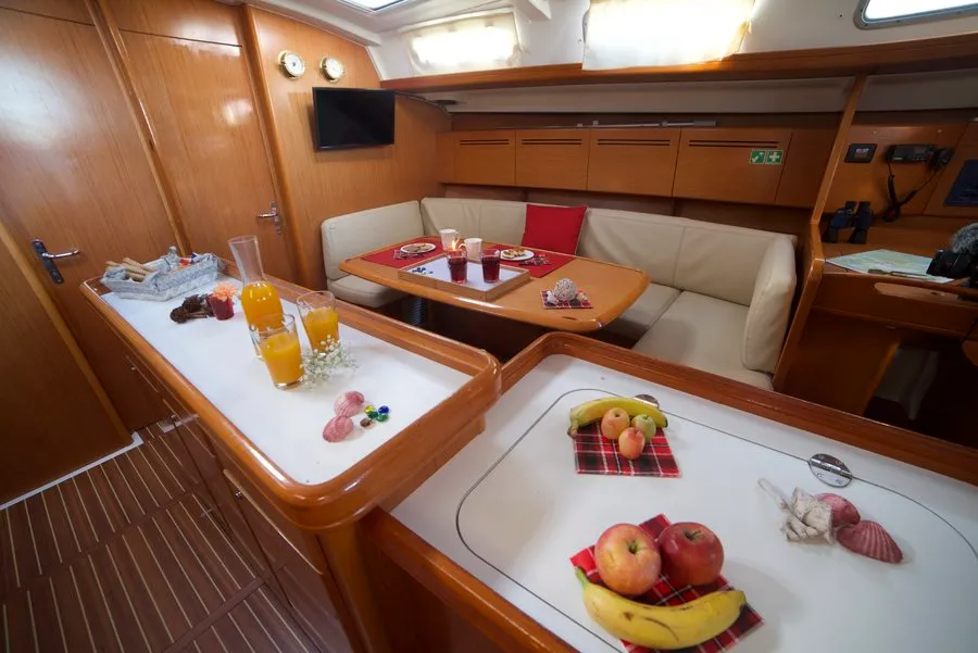 Salon of Azzuro, a Beneteau Cyclades 50.5 sailboat at Athens, Greece