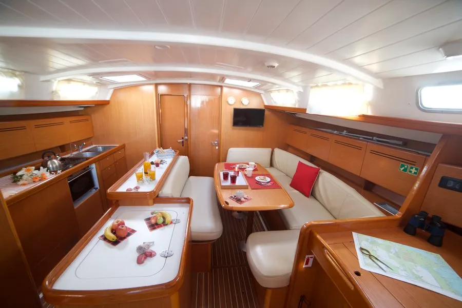 Salon of Azzuro, a Beneteau Cyclades 50.5 sailboat at Athens, Greece