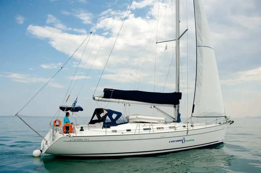 Exterior view of Azzuro, a Beneteau Cyclades 50.5 sailboat at Athens, Greece