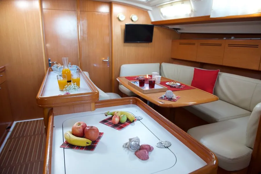 Salon of Azzuro, a Beneteau Cyclades 50.5 sailboat at Athens, Greece