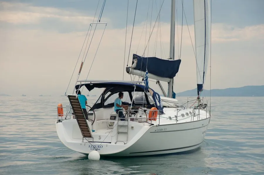 Exterior view of Azzuro, a Beneteau Cyclades 50.5 sailboat at Athens, Greece