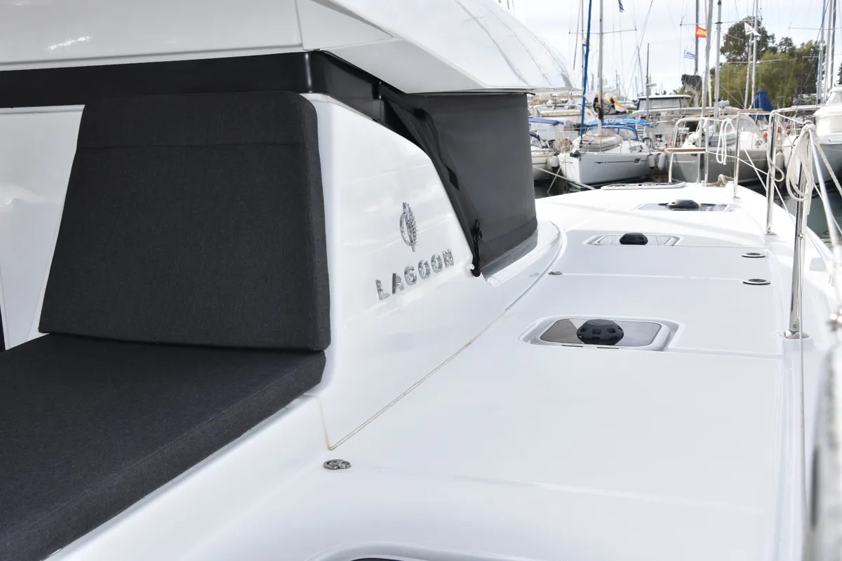 Exterior view of Lagoon 42, a catamaran at Skiathos, Greece