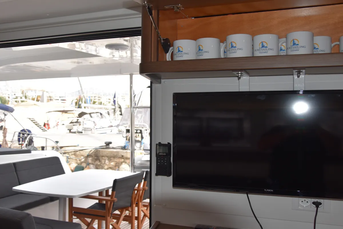 Salon of Lagoon 42, a catamaran at Skiathos, Greece
