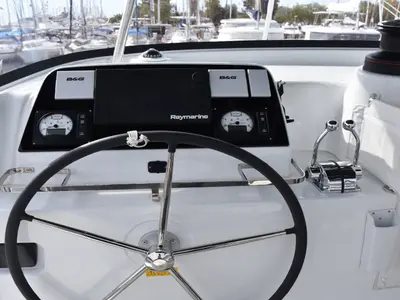 Cockpit of Lagoon 42, a catamaran at Skiathos, Greece