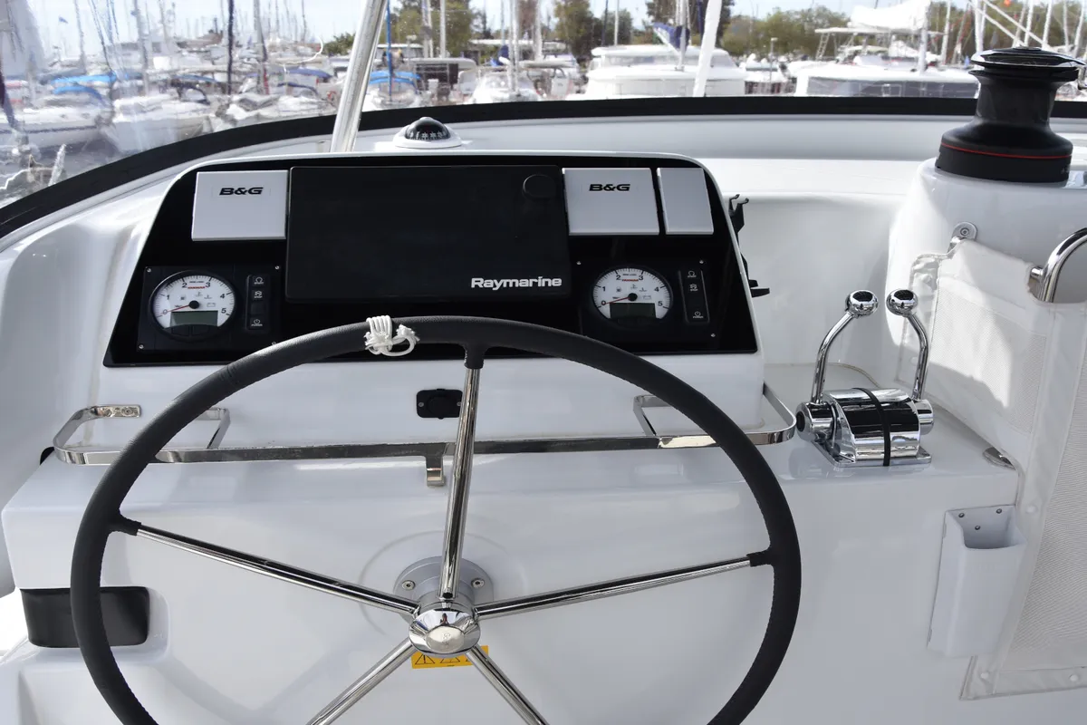 Cockpit of Lagoon 42, a catamaran at Skiathos, Greece