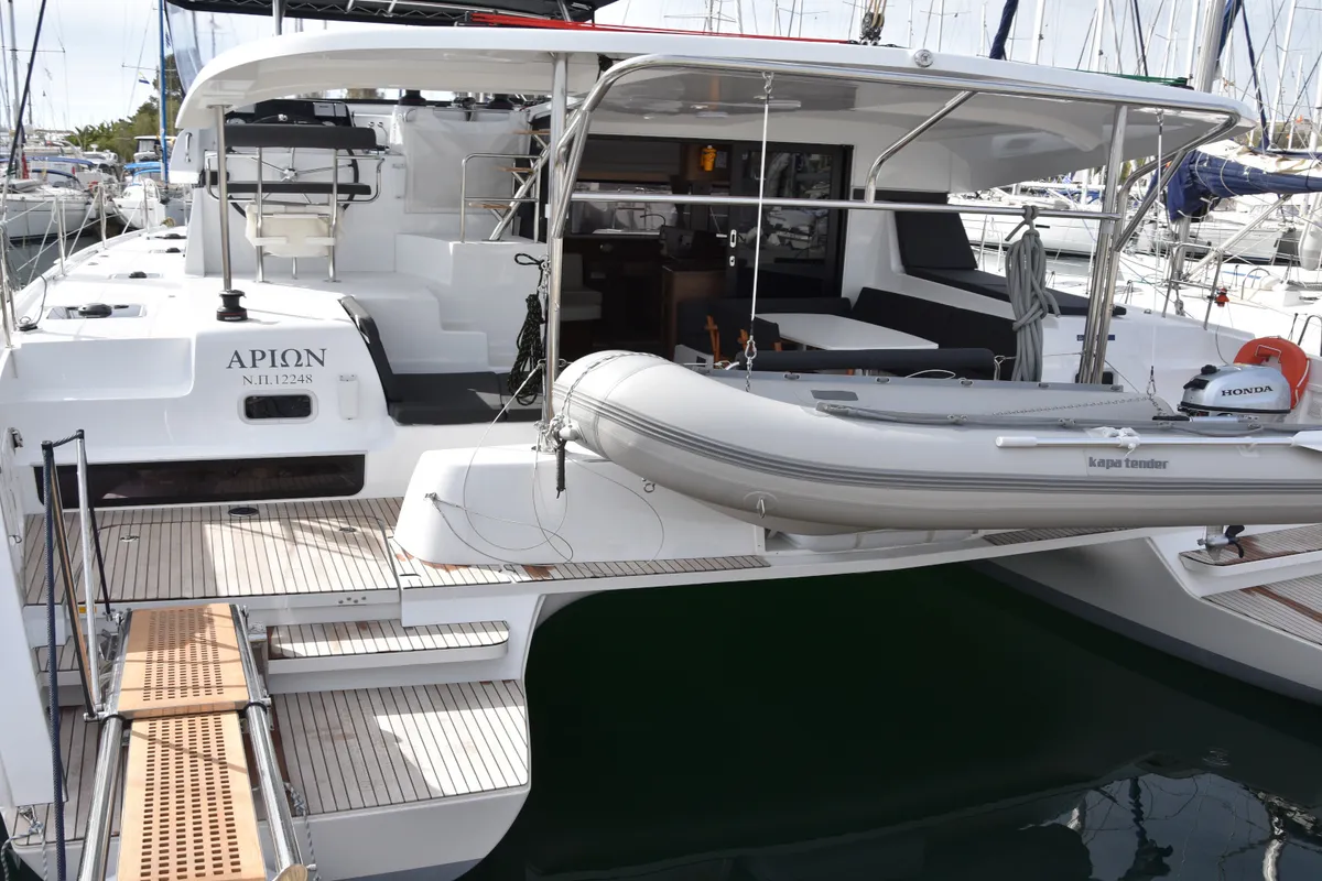 Exterior view of Lagoon 42, a catamaran at Skiathos, Greece