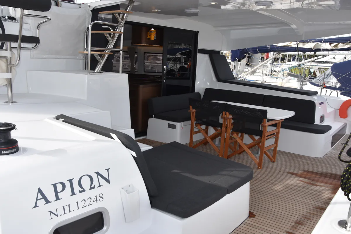Deck of Lagoon 42, a catamaran at Skiathos, Greece