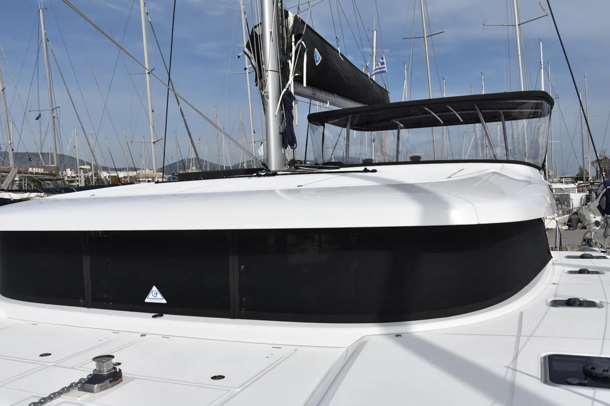 Deck of Lagoon 42, a catamaran at Skiathos, Greece