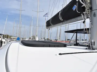 Deck of Lagoon 42, a catamaran at Skiathos, Greece