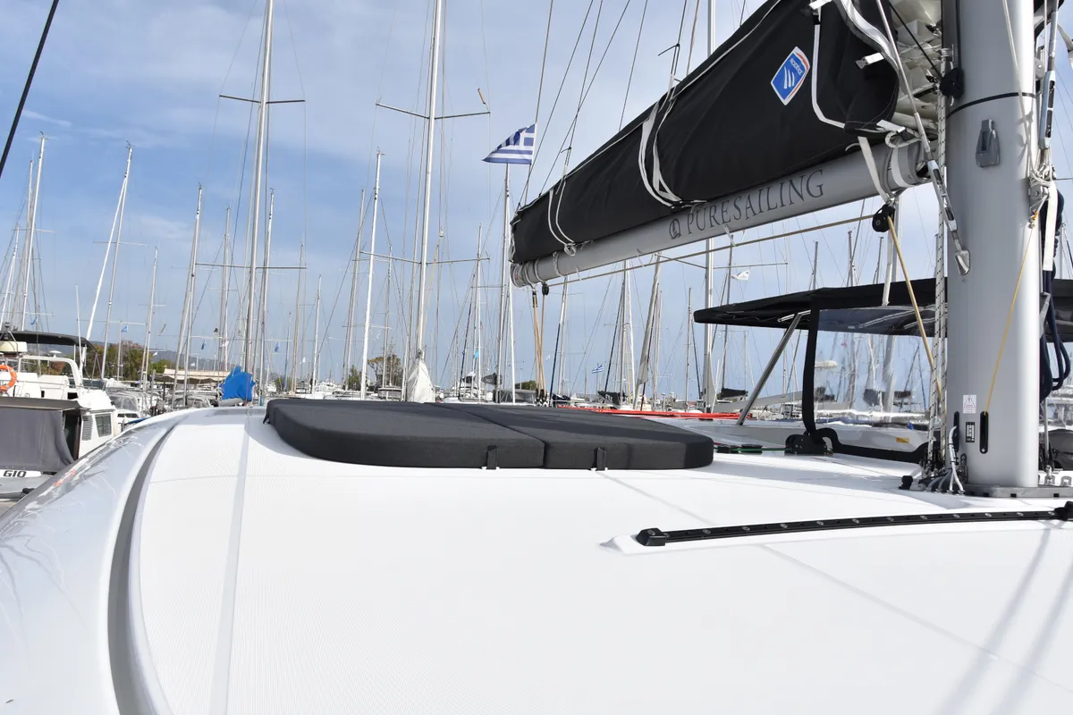 Deck of Lagoon 42, a catamaran at Skiathos, Greece