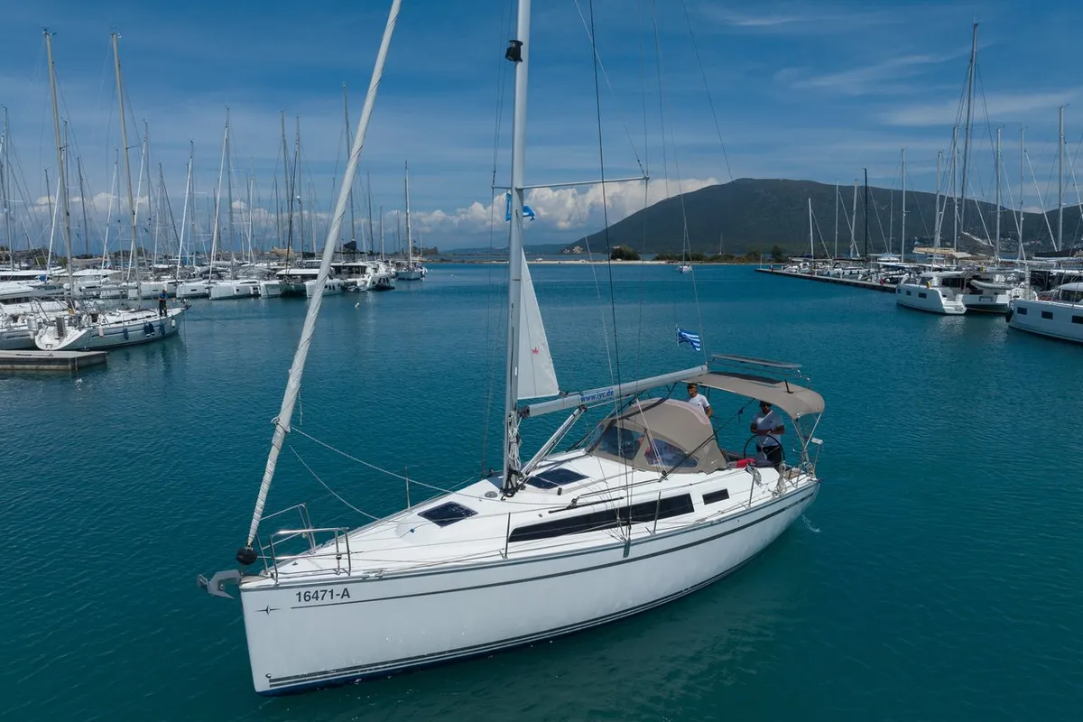 Exterior view of Oneiro, a Bavaria Cruiser 34 sailboat at Municipal Unit of Lefkada, Greece