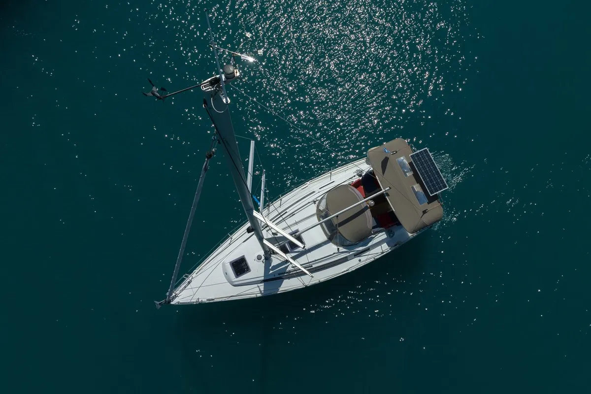 Exterior view of Oneiro, a Bavaria Cruiser 34 sailboat at Municipal Unit of Lefkada, Greece