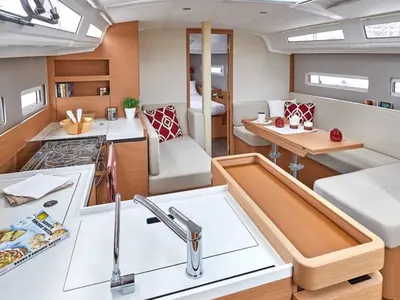 Salon of Locean, a Jeanneau Sun Odyssey 410 sailboat at Municipal Unit of Lefkada, Greece