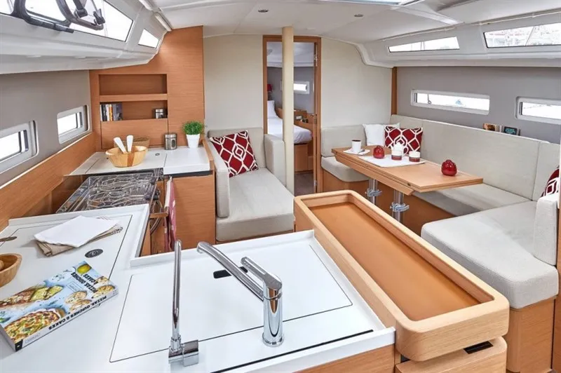 Salon of Locean, a Jeanneau Sun Odyssey 410 sailboat at Municipal Unit of Lefkada, Greece
