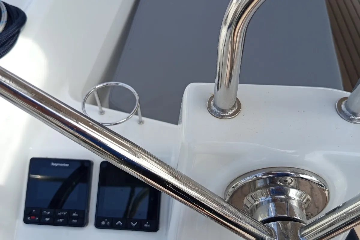 Cockpit of AVRA, a Beneteau Oceanis 37.1 sailboat at Municipal Unit of Lefkada, Greece