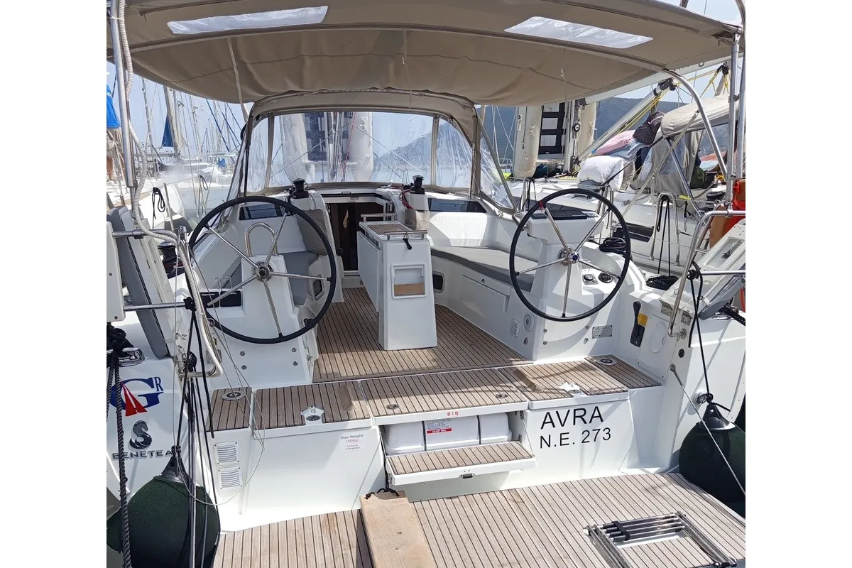 Cockpit of AVRA, a Beneteau Oceanis 37.1 sailboat at Municipal Unit of Lefkada, Greece