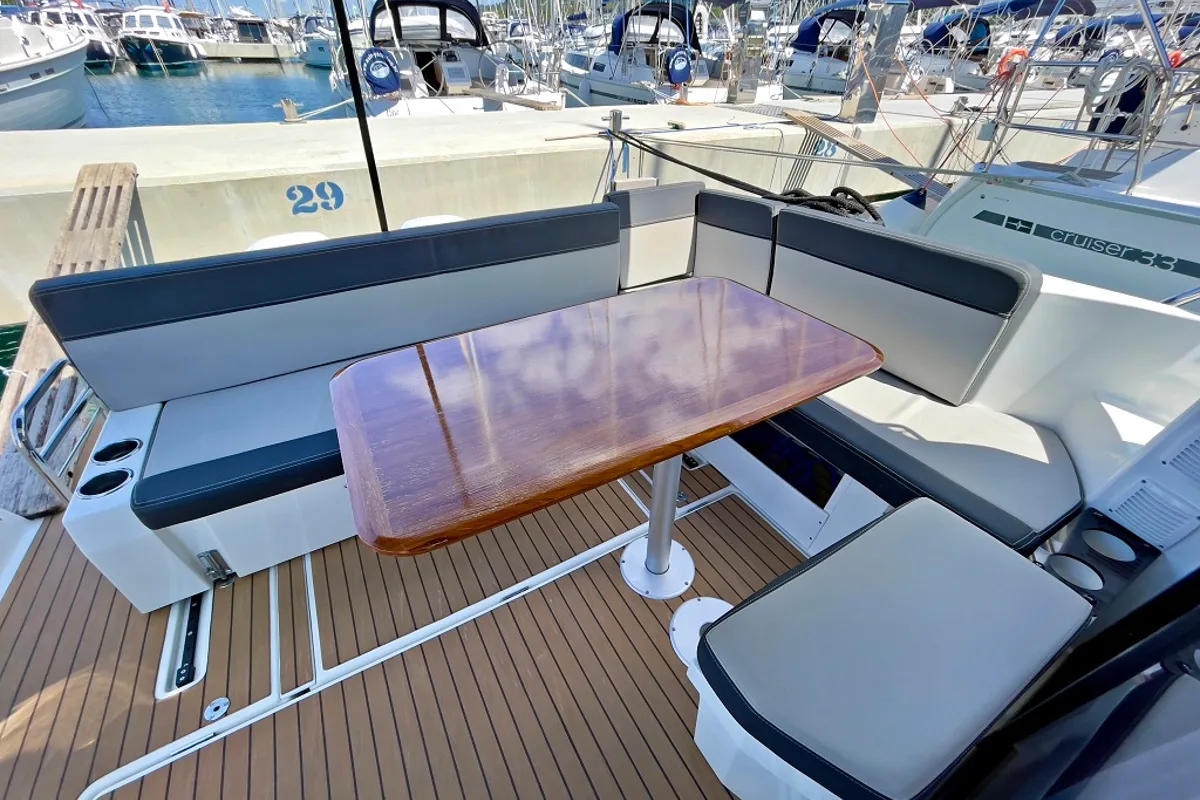 Deck of Helios, a Jeanneau Merry Fisher 1095 motorboat at Općina Sukošan, Croatia