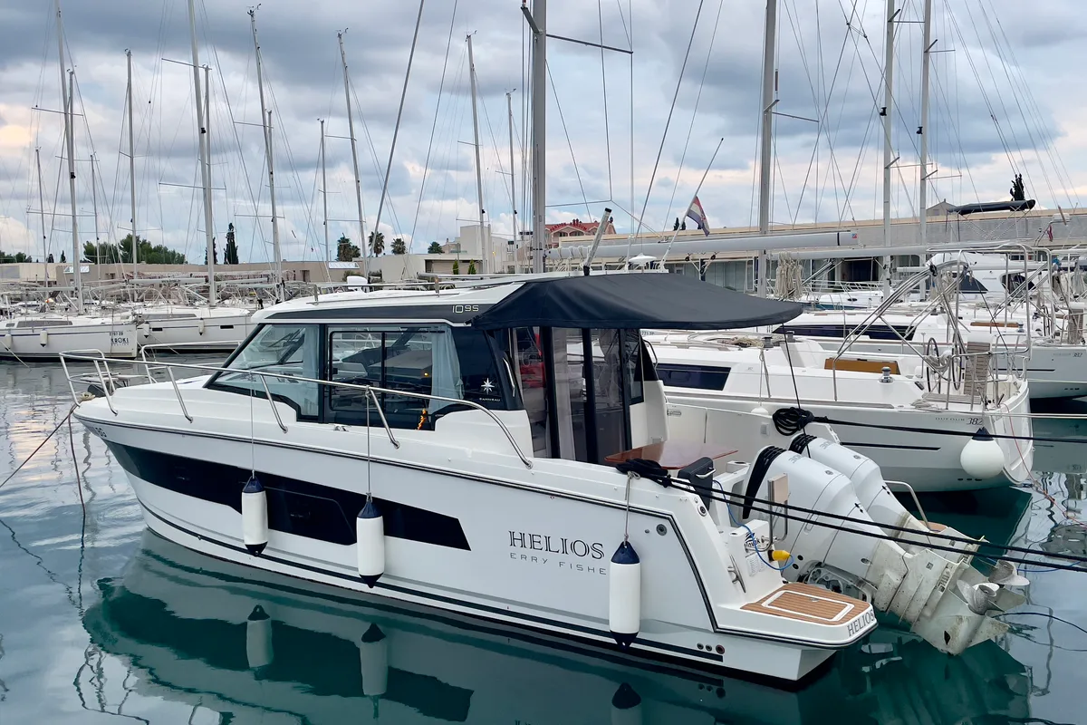 Exterior view of Helios, a Jeanneau Merry Fisher 1095 motorboat at Općina Sukošan, Croatia