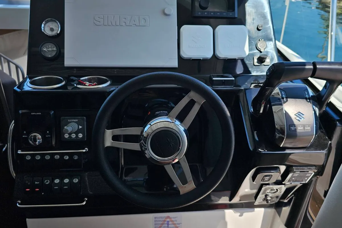 Cockpit of Helios, a Jeanneau Merry Fisher 1095 motorboat at Općina Sukošan, Croatia