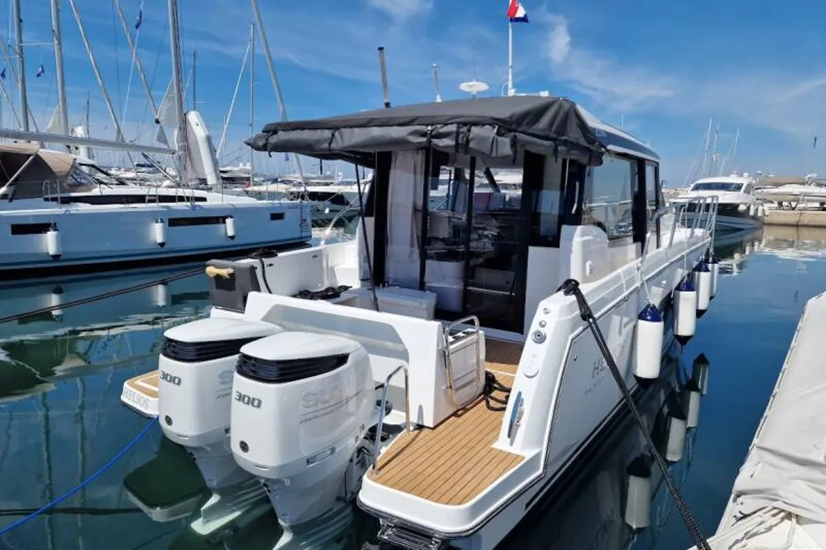 Exterior view of Helios, a Jeanneau Merry Fisher 1095 motorboat at Općina Sukošan, Croatia
