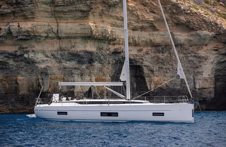 Exterior view of Insolence, a Bavaria C45 sailboat at Bocca di Magra, Italy