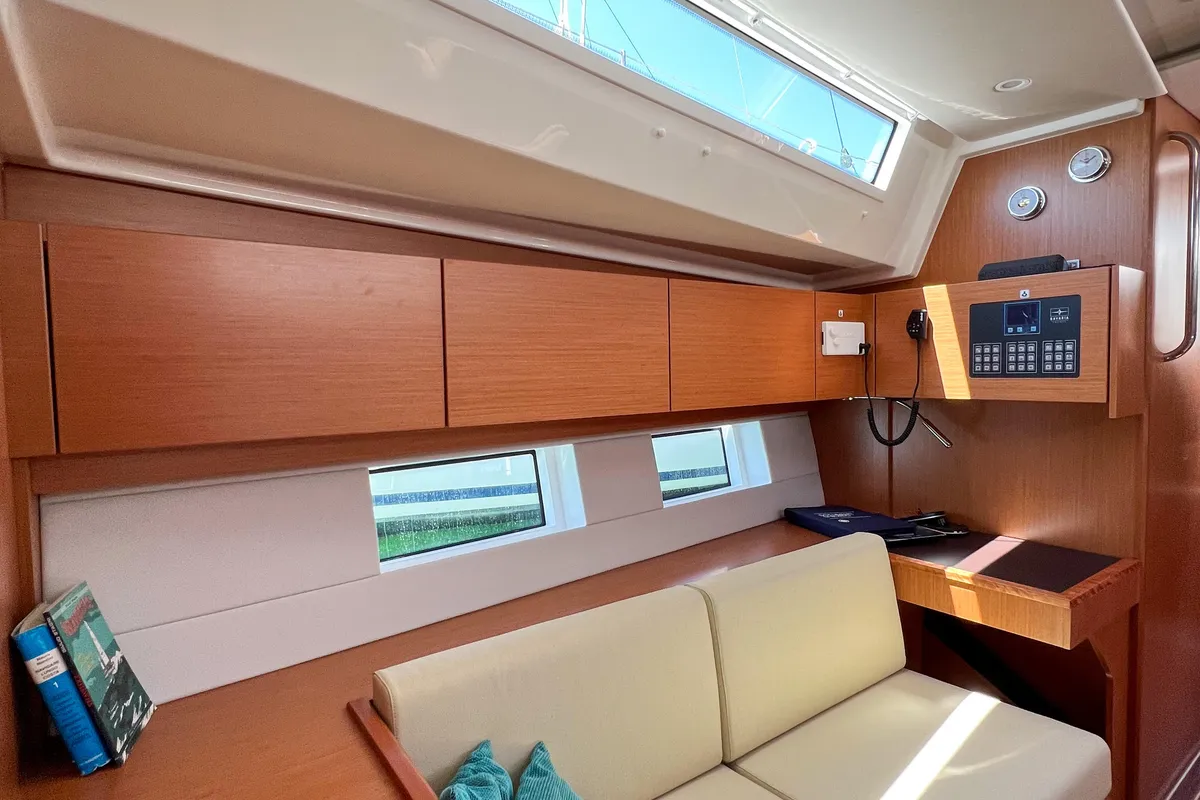 Salon of Insolence, a Bavaria C45 sailboat at Bocca di Magra, Italy