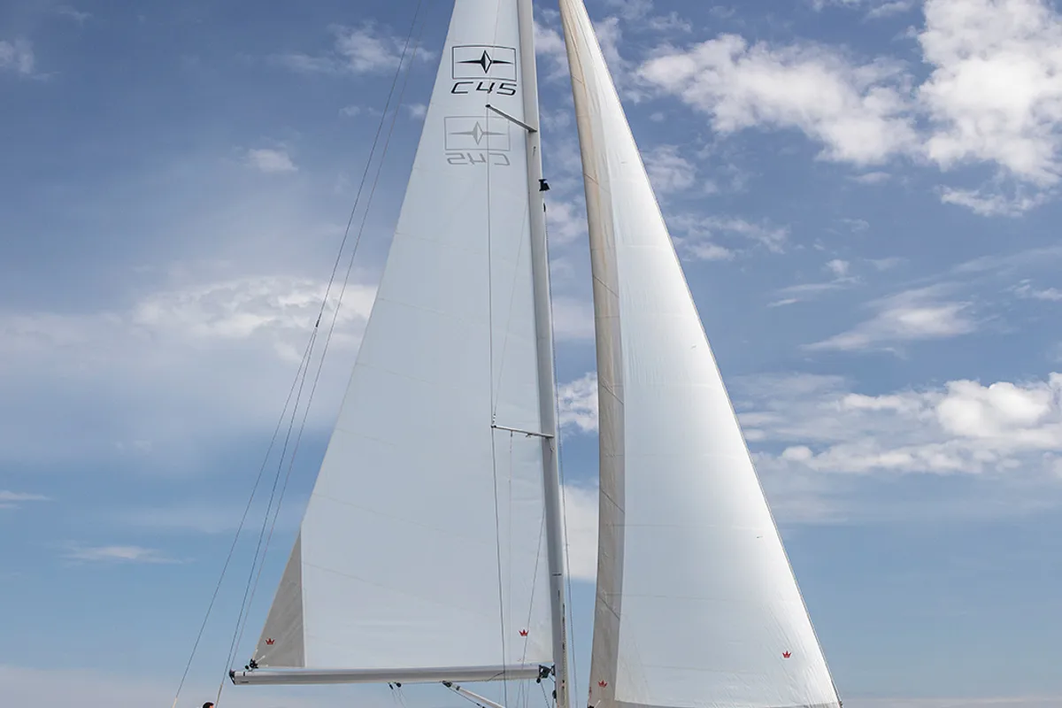 Exterior view of Insolence, a Bavaria C45 sailboat at Bocca di Magra, Italy