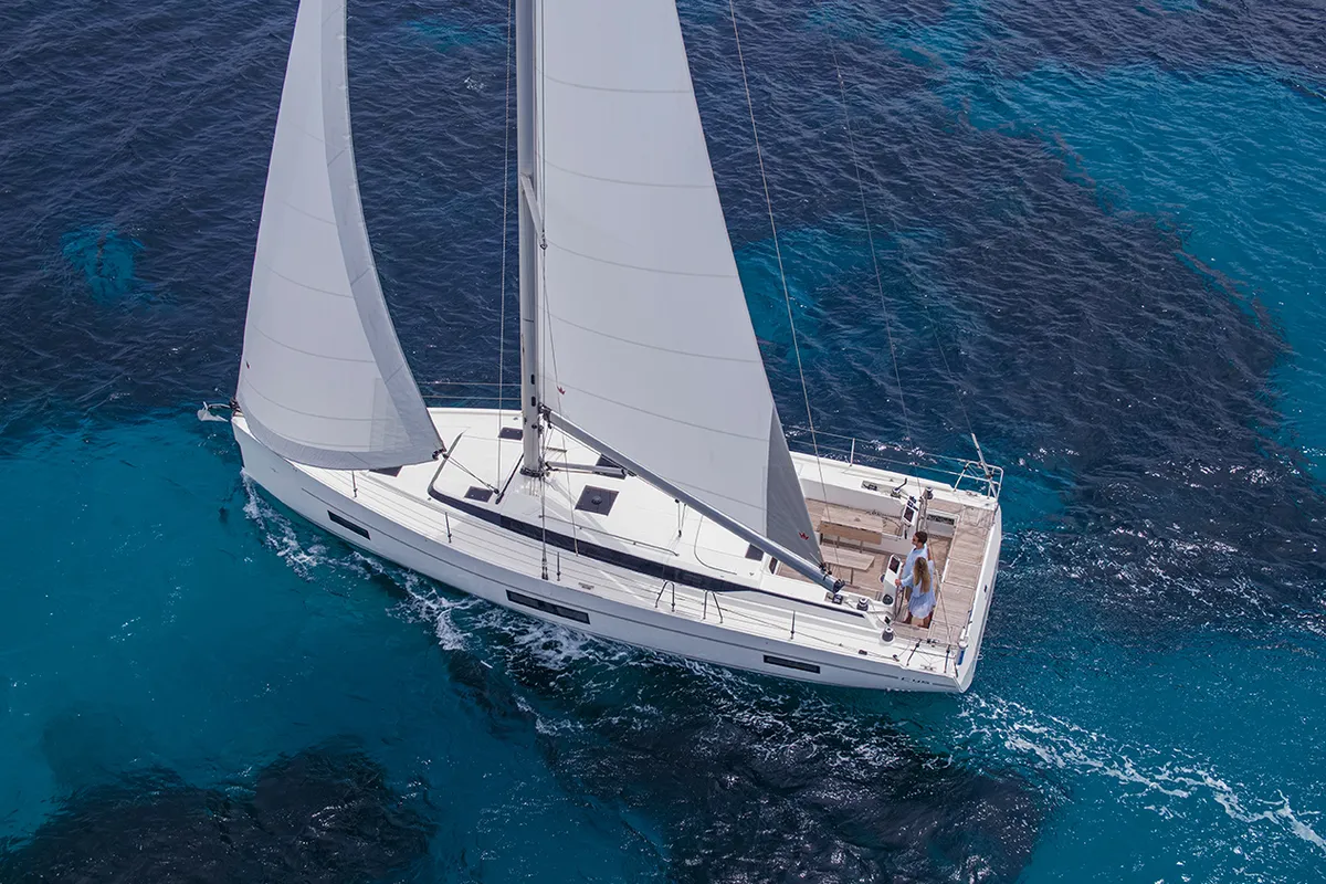 Exterior view of Insolence, a Bavaria C45 sailboat at Bocca di Magra, Italy