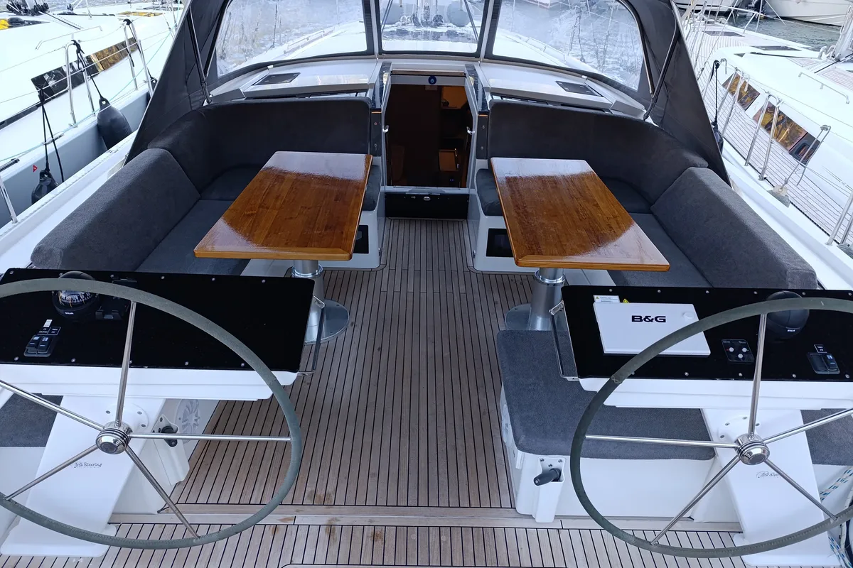 Cockpit of Binlik Owner's, a Hanse 460 sailboat at Fethiye, Turkey