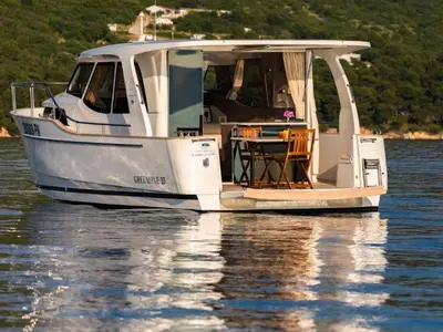 Cockpit of Ondine, a Greenline 33 motor yacht at Punat, Croatia