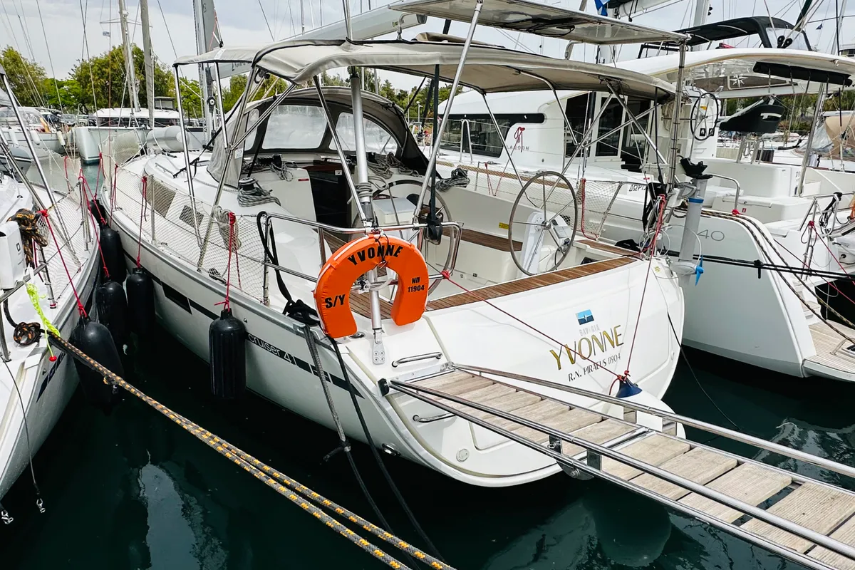 Exterior view of Yvonne, a Bavaria Cruiser 41 sailboat at Athens, Greece