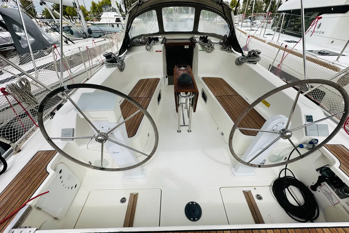 Cockpit of Yvonne, a Bavaria Cruiser 41 sailboat at Athens, Greece