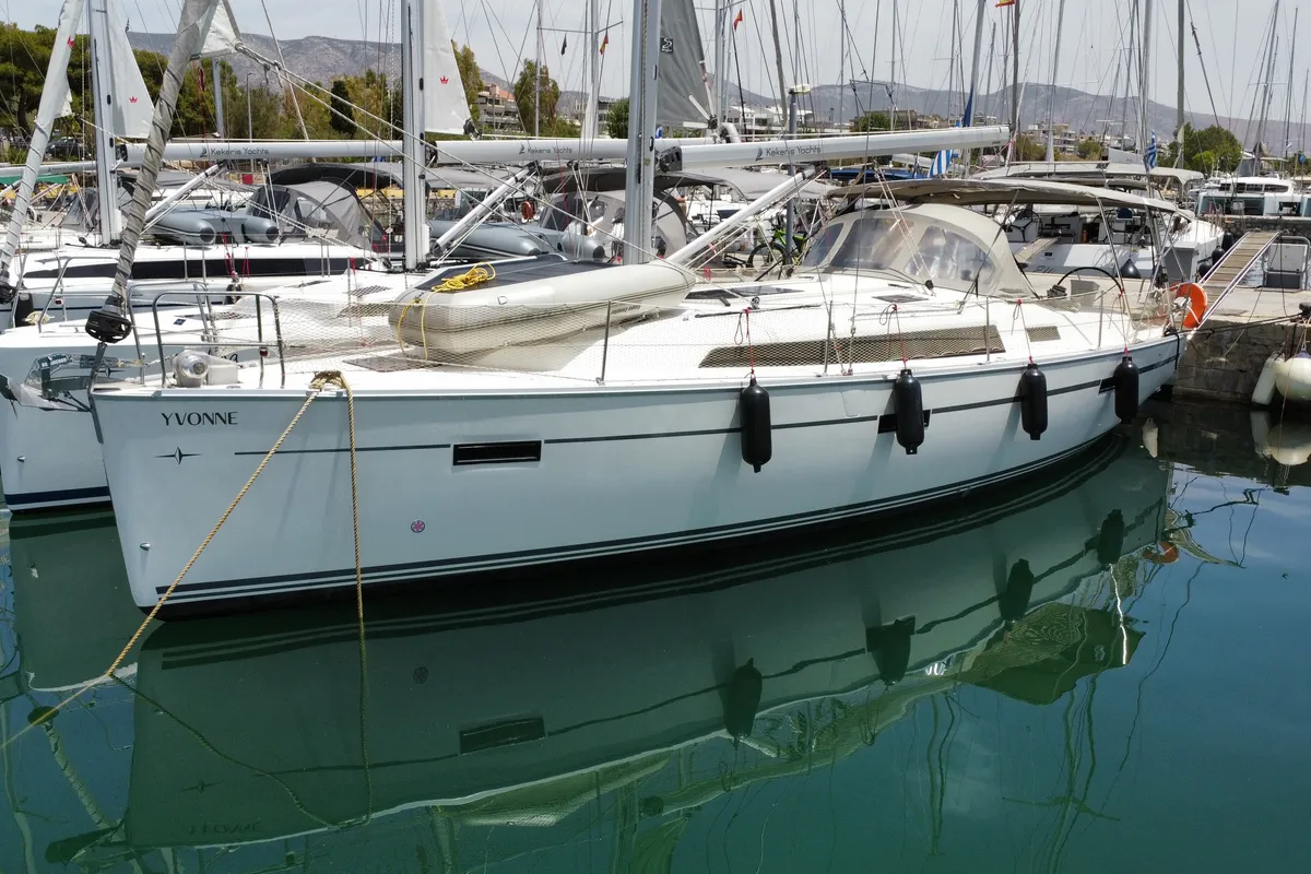 Exterior view of Yvonne, a Bavaria Cruiser 41 sailboat at Athens, Greece