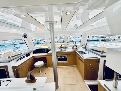 Cockpit of Vegas, a Bali Catspace OW catamaran at Ellomenos, Greece