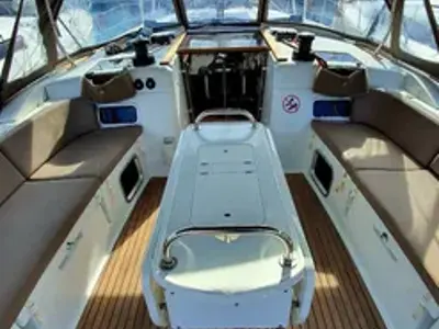 Cockpit of Aquaholic, a Jeanneau Sun Odyssey 519 sailboat at Municipal Unit of Ellomenos, Greece