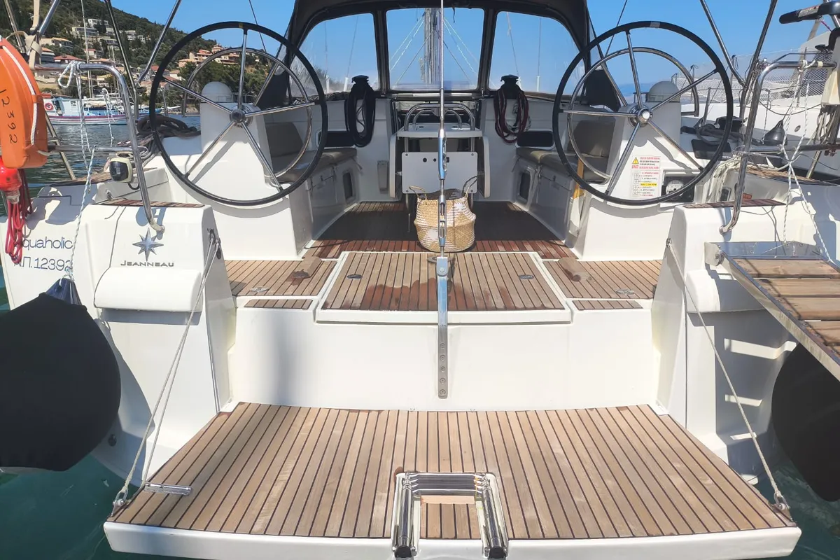 Deck of Aquaholic, a Jeanneau Sun Odyssey 519 sailboat at Municipal Unit of Ellomenos, Greece