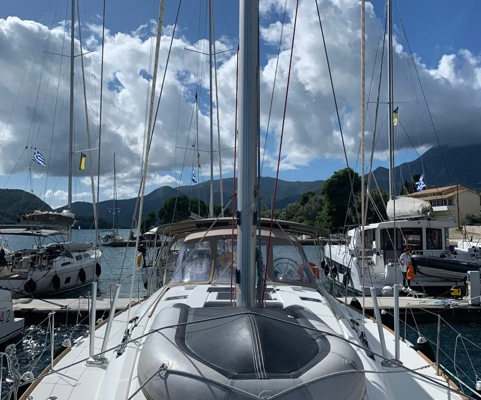 Deck of Aquaholic, a Jeanneau Sun Odyssey 519 sailboat at Municipal Unit of Ellomenos, Greece