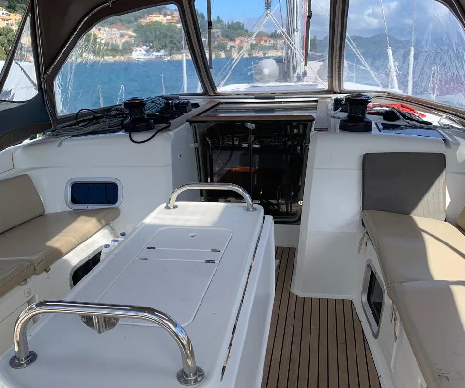 Cockpit of Aquaholic, a Jeanneau Sun Odyssey 519 sailboat at Municipal Unit of Ellomenos, Greece