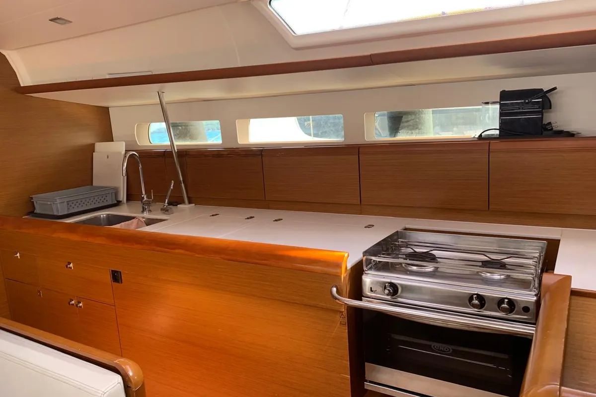 Galley of Aquaholic, a Jeanneau Sun Odyssey 519 sailboat at Municipal Unit of Ellomenos, Greece