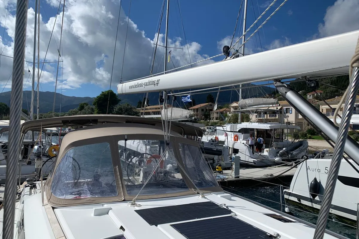 Deck of Aquaholic, a Jeanneau Sun Odyssey 519 sailboat at Municipal Unit of Ellomenos, Greece