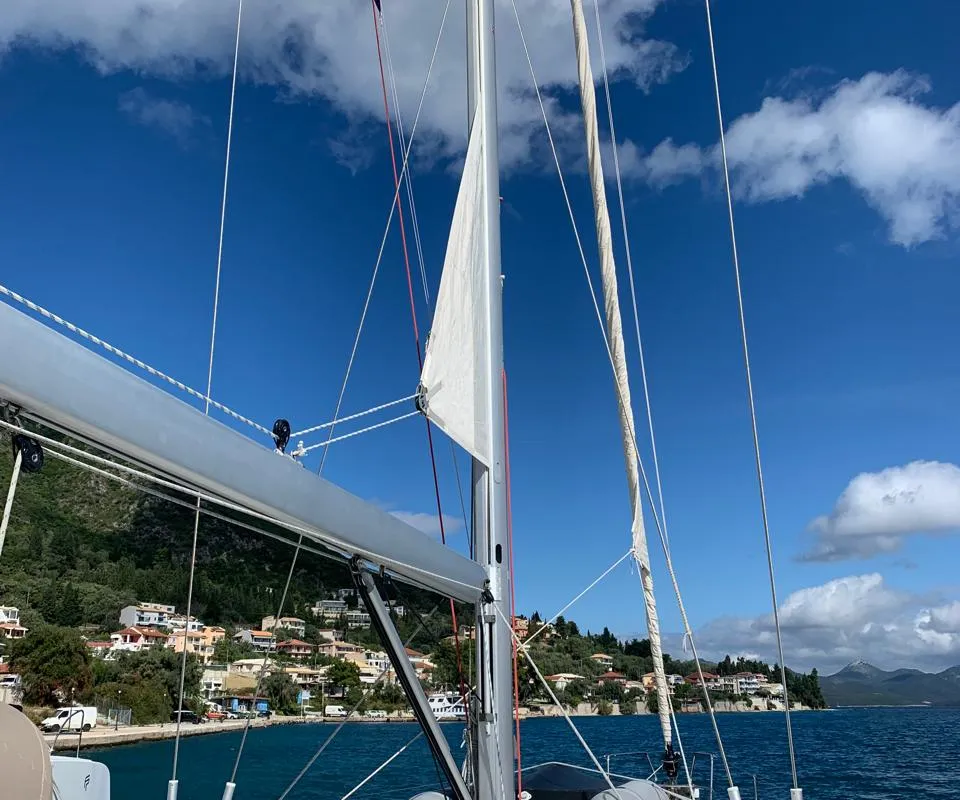 Deck of Aquaholic, a Jeanneau Sun Odyssey 519 sailboat at Municipal Unit of Ellomenos, Greece