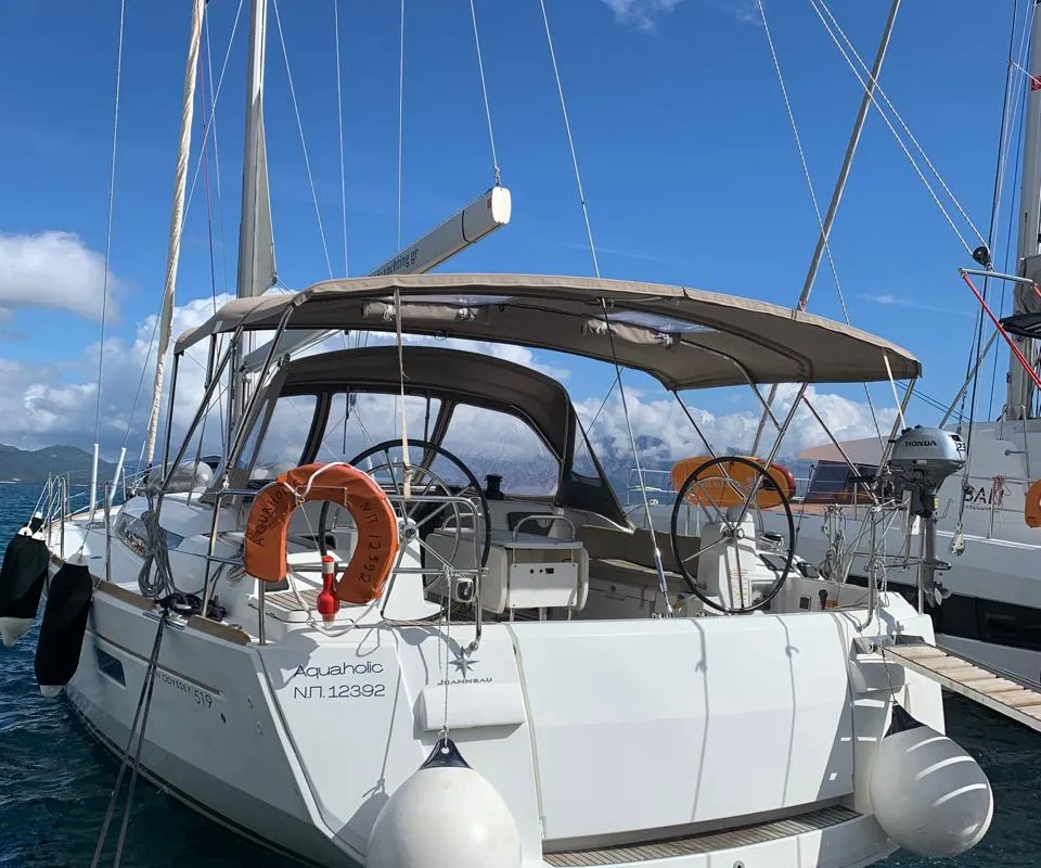 Exterior view of Aquaholic, a Jeanneau Sun Odyssey 519 sailboat at Municipal Unit of Ellomenos, Greece